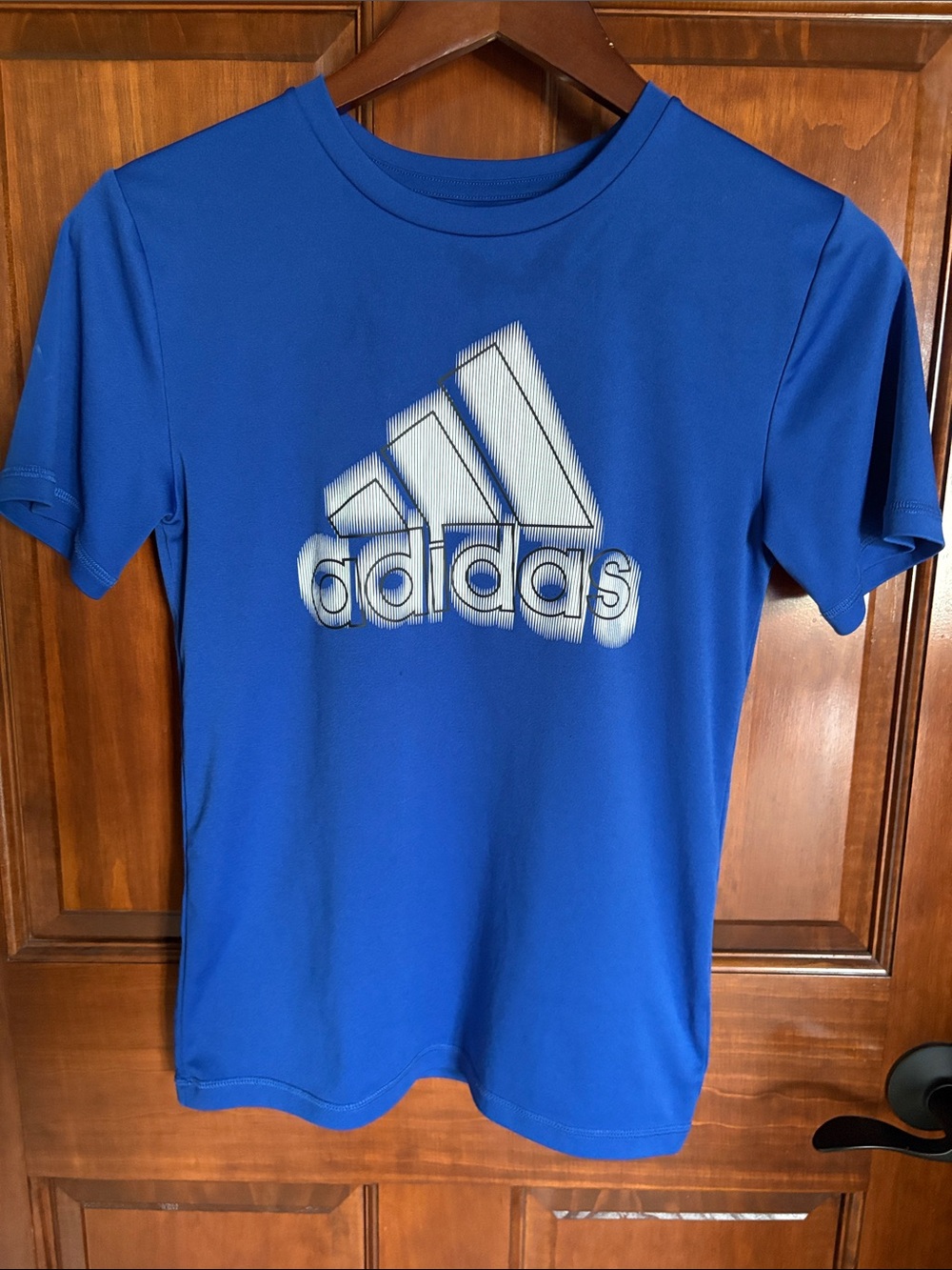 adidas Royal Blue Short Sleeve Performance Tee with White Logo- Boys M(10/12)